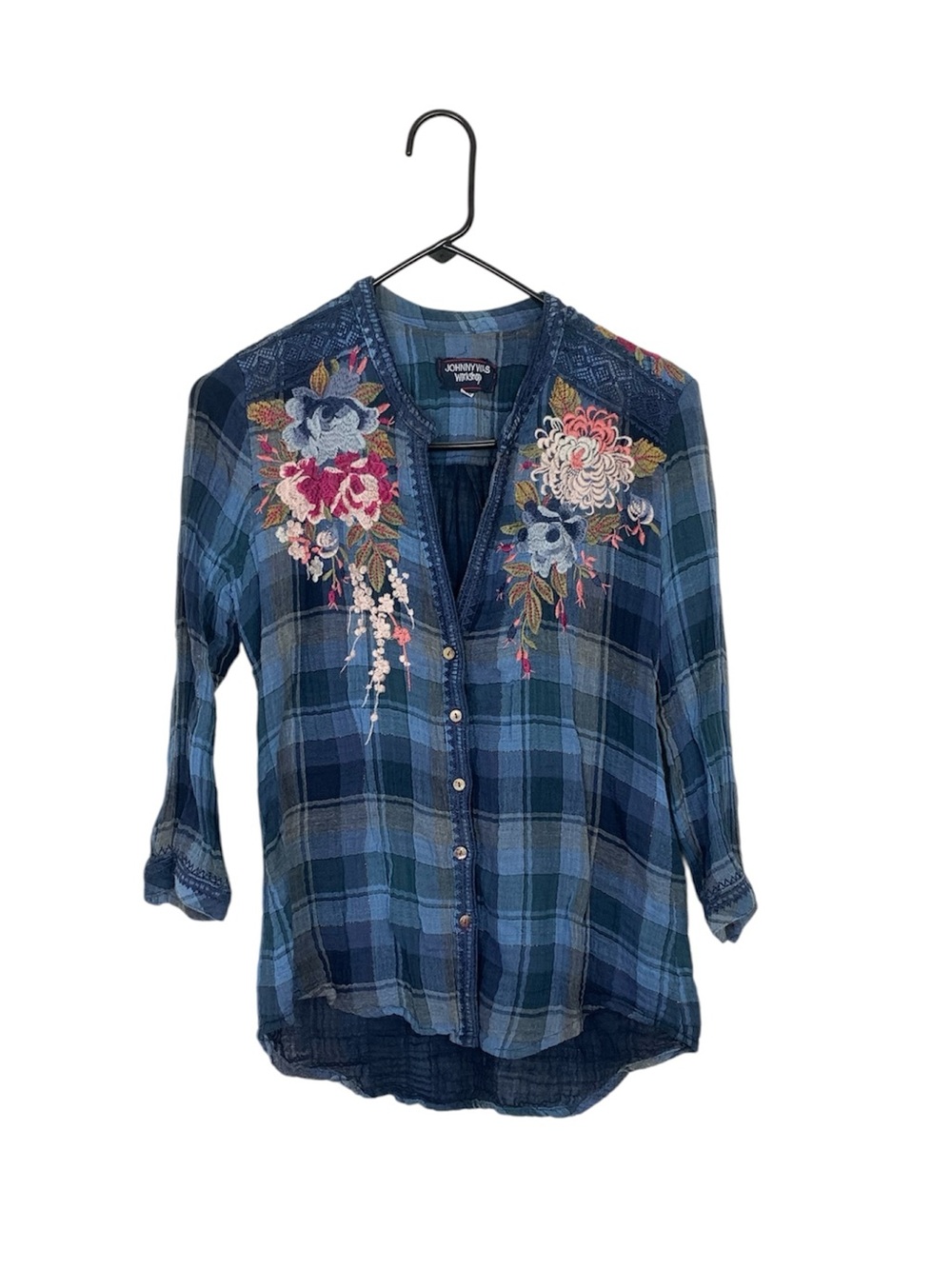 Johnny was workshop plaid floral embroidered top size xs boho
